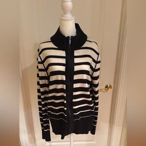 Jones of New York Black and White Striped Zip-Up Sweater